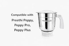 WONDER STAR Mixer Grinder Jar 1 Litre | Compatible with Preethi Peppy, Peppy Pro & Peppy Plus | Stainless Steel Jar | 4 Teeth Coupler | PP Lid | Heavy Duty ABS Base