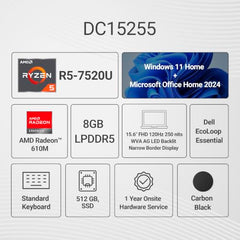 Dell 15 (Previously Inspiron), R5-7520U Processor, 8GB LPDDR5 RAM, 512GB SSD, FHD 15.6"/39.62 cm Display, Windows 11 Home, Carbon Black, 1.63kg, Standard Keyboard, 15 Month McAfee, Thin & Light Laptop