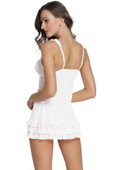 MOMISY Women Sexy Lace Two-Piece Lingerie Transparent Set Underwear Lace Cup Teddy Bodysuit Deep V Neck Crisscross Back Strap Underwear Babydolls Sexy Lingerie Sleepwear-White