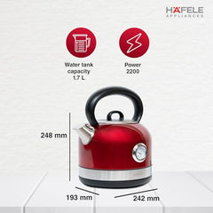 Hafele Dome Plus 2200W, 240V Electric Stainless Steel Kettle with Spout Cover with Analogue Temperature Display, Detachable Micro-Mesh Filter for Lime Scale Filtering, Easy Cleaning (1.7 L) (Grey)