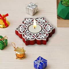 eCraftIndia Wooden Floral Printing Block Decorative Tea Light Candle Holders (Set of 12, Green White) Diwali Christmas Decorations Items for Home Office Christmas Gifts for Women Men Family Friend