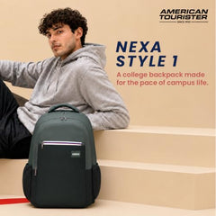 American Tourister Nexa Style 01 | 36L Backpack | Casual Bag | 3 Compartments | School & College Backpack for Men and Women | Olive | 1 Yr Global Warranty