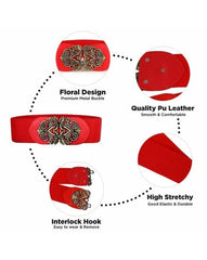 SYGA Women Cinch Belt, PU Leather Stretchy Waist Belt with Floral Metal Buckle, Retro Style - Beige(Fits Waist Size 25-35)