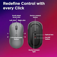 Lenovo 700 Multi-Device Wireless Silent Mouse, Bluetooth 5.3 or USB-A 2.4Ghz, Upto 5million Button clicks, 4000 DPI, Soft Touch Grip, Programmable Buttons, Dynamic Scroll Wheel, Seashell