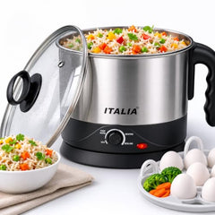 ITALIA Premium Electric 600W Multi Kettle 1.2L with Stainless Steel Body, Egg Rack, Grill Rack, 3 Heating Modes & Rapid Boil Technology, Boiling Water, Tea, Coffee, Oats, Noodle, Soup, Black