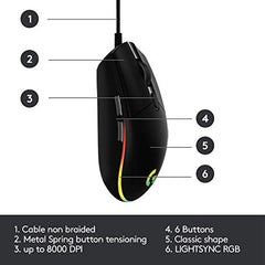 Logitech G102 Light Sync Gaming Mouse with Customizable RGB Lighting, 6 Programmable Buttons, Gaming Grade Sensor, 8K DPI Tracking,16.8mn Color, Light Weight - Black