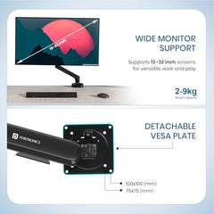 Portronics Aerolift Solo Gas Spring Monitor Arm, Desk Mount for 13–32 Inch Screens, VESA 75x75 & 100x100 mm, Full Motion Tilt/Swivel/Rotation, C-Clamp & Grommet Installation, Aluminium Build
