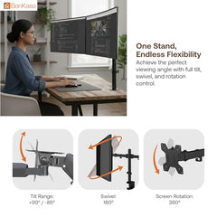 BonKaso Dual Monitor Stand for Desk | Height Adjustable Alloy Steel Arm Mount for 13”–27” Screens | 360° Rotation, Tilt & Swivel, Cable Management, Space-Saving Dual Arm Monitor Mount (Black & White)