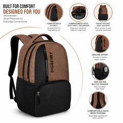 BIGBERRY Rodeo 2.0 Leatherite Faux Leather Laptop Backpack for Men & Women | Water Resistant 2 Compartment Casual Daypack | 15.6 Inch Laptop Bag for Office, College, Travel & Daily Use, Navy Blue