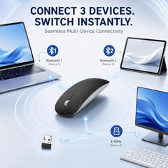 Offbeat - Atom Dual Bluetooth 5.1+5.1 & 2.4Ghz Wireless, Type-C Rechargeable 100 Hours Battery Silent Click Mouse, Triple Device connectivity Windows, Mac, iOS, Android (Silver)