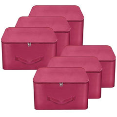 Storite 2 Pack Nylon Wardrobe Bag Underbed Cloth Storage Organizer | Moisture Proof Storage Bag, Storage box for Clothes Saree Bags, Zippered Closure & Handle - Magenta,37x34x23 cm