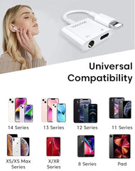 Sounce 2-in-1 8 Pin to 3.5mm Audio & Charging Splitter – Dual Port Adapter Cable for Music, Power, Headsets, Speakers & More – White