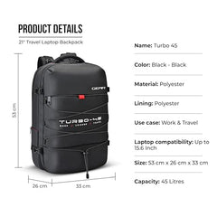 Gear Turbo 21"/45L Large Water Resistant Anti theft Laptop Backpack with Raincover | Backpack | Daypack |Briefcase | Travel Bag For Men/Women (Black - Black)