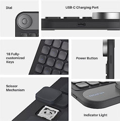 HUION Keydial Mini K20 Bluetooth 5.0 Express Key Remote Control Shortcut Keyboard with Dial 18 Customized Keys for Graphic Tablets, MAC, Laptop, Phone Surface PRO
