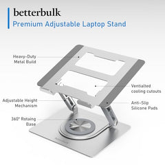 BetterBulk Adjustable Aluminum Laptop Stand for Desk with Foldable Ergonomic Design and Complimentary Mobile Stand, Compatible with MacBook, HP, Dell, Lenovo and Tablets