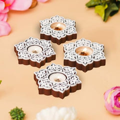 eCraftIndia Wooden Floral Printing Block Decorative Tea Light Candle Holders (Set of 12, Green White) Diwali Christmas Decorations Items for Home Office Christmas Gifts for Women Men Family Friend