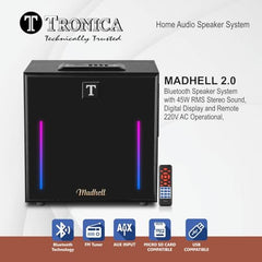 TRONICA Madhell 2.0 Home Theatre Speaker with 45W RMS Output, Bluetooth v5.0, USB, AUX, FM Radio, Wooden Soundbox, Heavy Bass, RGB Lights, LED Display & Remote