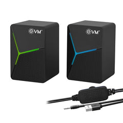 EVM EnDesk Plus Gaming Wired Stereo Speakers with RGB Lighting – Dual 3W RMS Output (2” Drivers), USB Powered, 3.5mm AUX Input, Line-Controlled Volume - 1-Year Warranty (EVM-BTS-208)