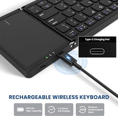HETVIN Foldable Bluetooth Keyboard, Tri- Foldable Portable Wireless Keyboard with Touchpad, USB-C Rechargeable for iOS, Android, Windows System Laptop Tablet Smartphone Device