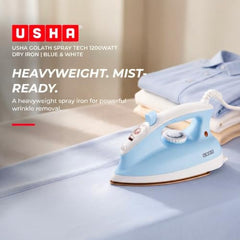 Usha Goliath Spray Tech 1200Watt Dry Iron with Water Spray Feature | Double Coated Golden Non Stick Soleplate for Longer Durability | 360° Swivel Cord | 2 Years Warranty | (Blue & White)