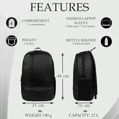 F Gear Burner Black 22L Medium Laptop backpack Fits upto 17" Laptop faux Artificial Leather Water resistant lightweight, Gifts for Men Women Boys Girls Adults, College/School/Tuition/Travel Bag