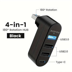 Bestor 4-Port USB 3.0 Hub, Rotatable 90°/180° USB Splitter with 3 USB Ports & 1 USB-C Power/Data Port, USB Extender for Laptop, MacBook, iMac, Mac Pro, and More