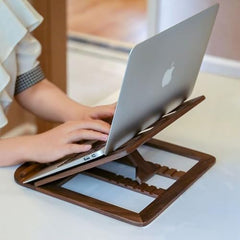 RarestCorp Handmade Wooden Laptop Stand for Desk that is Compatible with iPad, MacBook Pro, Notebook, HP, and Dell Devices and has an Adjustable Height and Foldable Riser 15.6 inches at Most Walnut