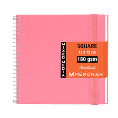 MENORAH - Artist Square Sketch Book - 180 GSM - Square Drawing Book - (100 Pages/50 Sheets) - Hard Metal Spiral Bound - (15.0 cm x 15.0 cm) - Pink