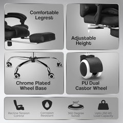 Kepler Brooks Italia Premium Leatherette Office Chair for Work | 3-Years Warranty | Boss Chair for Office, Ergonomic Executive Chair, Cushioned Arms & Seat, Leg Rest, Heavy Duty Metal Base (Black)