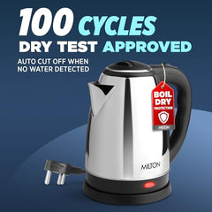 Milton Appliances Go Electric Kettle 1.8 Litre I 3X Protection - Dry Boil, Auto Shut Off, Overheat I 1350 Watt I Super Fast Boiling I Stainless Steel I 360° Power Base I 1 Year Warranty