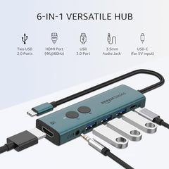 Amazon Basics Pro Series 6-in-1 USB HUB, USB-C PD 3, HDMI (4k@60Hz), USB 3.0-5 GBPS Data Transfer Speed, Aux 3.5, Docking Station with Instant Screen- On/Off and One-Click Mute Button (Turquoise)