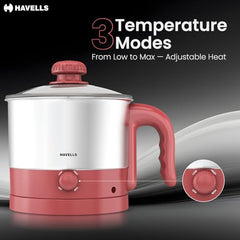 Havells Culinox Multicook Kettle| 1.2 L Capacity| Food Grade Body with Cool Touch Handle| 3 Temperature Modes| Double Safety Protection| SS 304 Ring Glass Lid| 2 Years Door Step Warranty by Havells