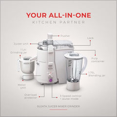 Sujata Powermatic Plus Juicer Mixer Grinder|900 Watts Double Ball Bearing Motor|22000 RPM|Non-Stop 90 Mins Running|2 Jars including 1750ml Blender, 1000ml Grinder Jar| (White)
