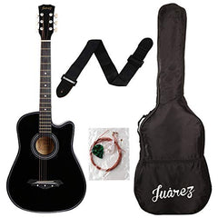 Juârez Acoustic Guitar Kit, JRZ38C/BK 38 Inch Cutaway, 038C with Bag, Strings, Pick and Strap, Black