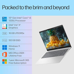 HP Pavilion Plus, Intel Core i5-1335U-13th Gen Laptop, (16GB LPDDR5x,512GB SSD),IPS, 300 nits, 14''(35.6cm) 2K,Win 11, M365 Basic(1yr), Office Home 24, Silver,1.38kg, 5MP Camera w/Shutter, ew0107TU