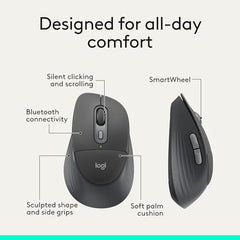 Logitech Signature Comfort Plus M850 L Wireless Mouse, Bluetooth Mouse with Palm Cushion, Silent Clicks, 24-Month Battery, Customizable Buttons, for Windows, Mac, iPad - Graphite