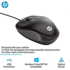 HP USB Travel Wired Mouse with 1000DPI and 3 programable Buttons (G1K28AA), Black