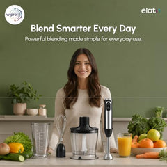 Wipro Elato FMB 204 Hand Blender with Chopper and Whisk|Powerful 200 Watt Copper Motor With Rust Free Steel Arm|3 in1 Multi-functional Mode|Four In One Blade-Churn, Whip,& Blend|Black|2- Year Warranty