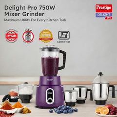 Prestige Delight Pro Mixer Grinder 750 W, 6 Jars, (1500 ml, 1000 ml, 1500 ml, 450 ml) (Purple)
