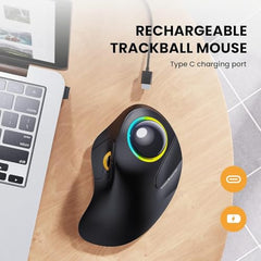 ProtoArc EM03 Wireless Bluetooth Trackball Mouse, Ergonomic RGB Rollerball Rechargeable for Computer, Laptop, 3 Device Connection & Index Finger Control for iPad, Mac, Windows - Graphite
