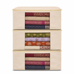 JD FRESH 3 Pcs Cotton Saree Covers/Storage Bags with Zip Cover/Space Saving Bag with Transparent Window/Wardrobe & Cupboard Organizer for Clothes/Bedsheets/Lehengas (16 x 13 x 3 Inch/Off White)
