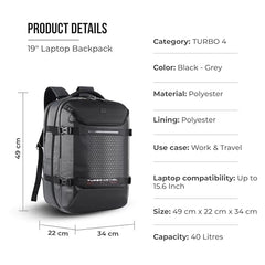 Gear Turbo 21"/45L Large Water Resistant Anti theft Laptop Backpack with Raincover | Backpack | Daypack |Briefcase | Travel Bag For Men/Women (Black - Grey)