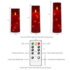 Flameless LED Pillar Candle Set of 2 | Acrylic Fiber Glass | Dancing Faux Wick | Remote Control with Battery Operated 3 AA | Home Décor & Gifting | 3" D x 6" H | Red