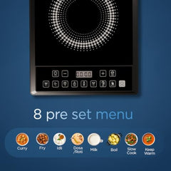 Preethi Indicook IC124 2100W Induction Cooktop, 8 Preset Indian Menus | Crystal glass surface with soft-touch controls, custom temperature and timer settings, plus high-voltage surge protection
