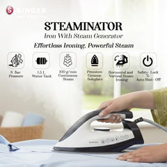 SINGER STEAMINATOR 8 Bar 2600 W Steam Generator Iron | 100 g/min Continuous Steam | 1.5L Water Tank | Ceramic Soleplate | Vertical Steam | Auto Shut-Off | Heavy Duty | ISI Certified | 2 Years Warranty