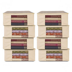 JD FRESH 3 Pcs Cotton Saree Covers/Storage Bags with Zip Cover/Space Saving Bag with Transparent Window/Wardrobe & Cupboard Organizer for Clothes/Bedsheets/Lehengas (16 x 13 x 3 Inch/Off White)
