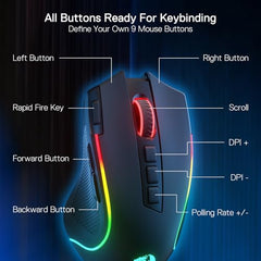 Redragon M612AK PRO RGB Gaming Mouse, 8000 DPI Wired/Wireless Optical Mouse with 9 Programmable Buttons & 7 Backlit Modes, BT & 2.4G Wireless, Software Supports DIY Keybinds Rapid Fire Button
