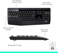Logitech MK345 Wireless Combo Full-Sized Keyboard with Palm Rest and Comfortable Right-Handed Mouse, 2.4 GHz Wireless USB Receiver, Compatible with PC, Laptop - Black