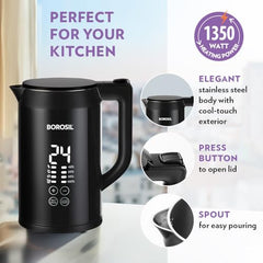 Borosil 1.5 L Cooltouch 1350W Digital Electric Kettle, Black | Temperature display, Keep warm function, Double wall, Wide mouth, For tea, noodles, soup & boiled eggs, Versatile use
