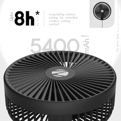 Zebronics Heat Buster 300, Portable Desk Fan, Upto 13h Backup, 3600mAh Rechargeable Battery, 360° Rotatable fan, 4 Speed + 1 Breeze Mode, Wall-Mountable, for Travel, Office, Home (Black)